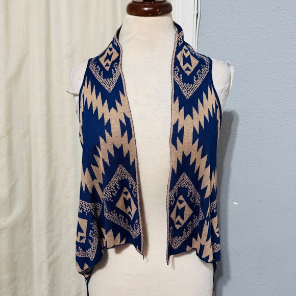 Timing Aztec Print Duster Vest Women's M/L Blue Tan Open Front Long Cardigan - Picture 3 of 10